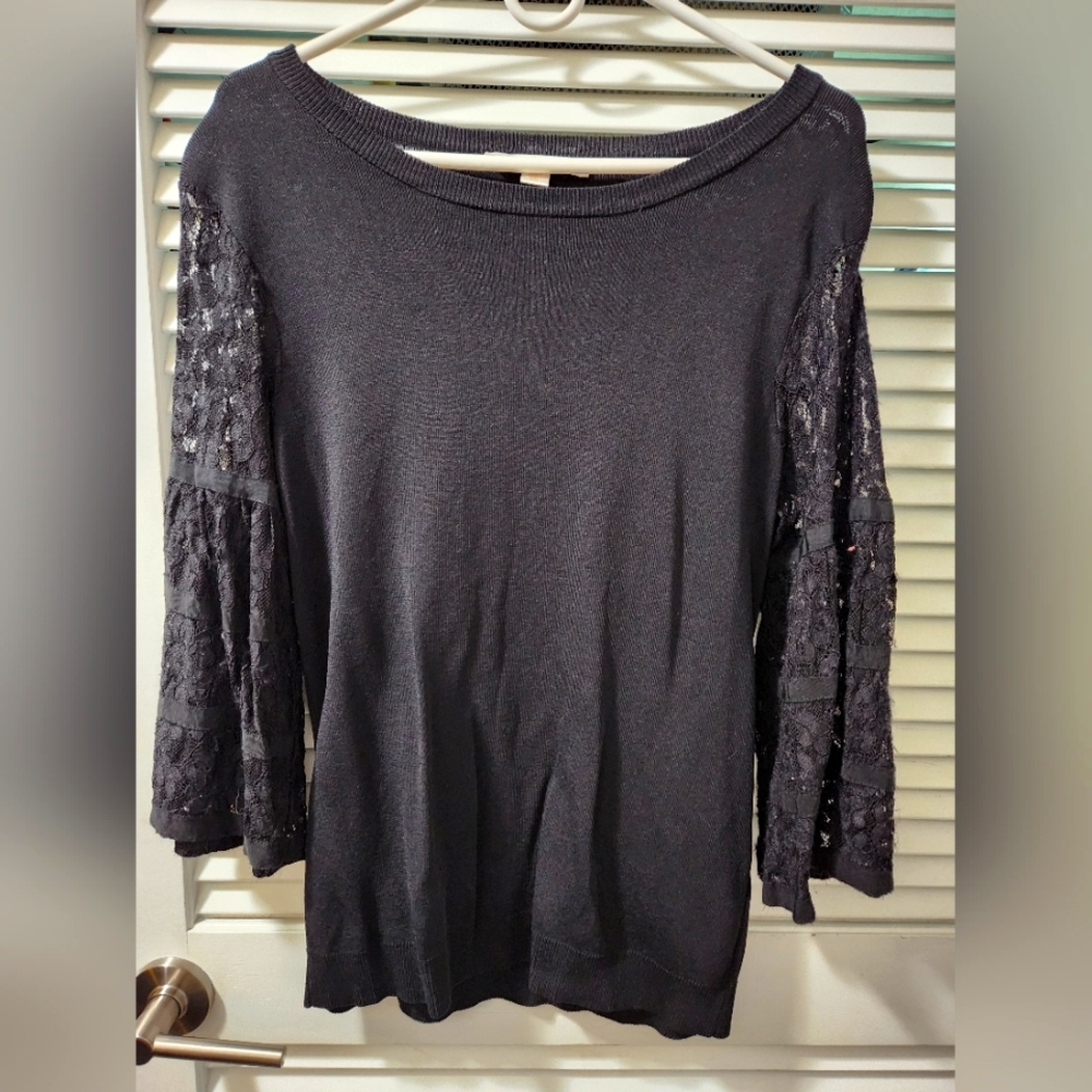 Boston Proper Black Knit Top With Lace 3/4 Sleeves